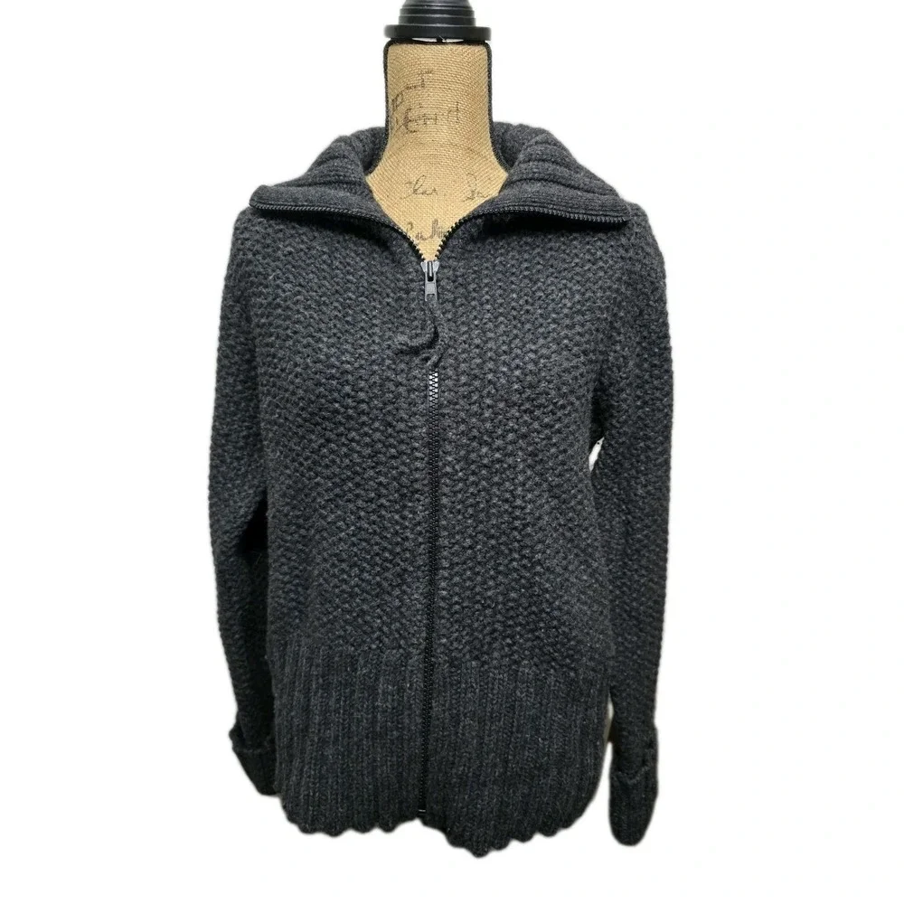 Charcoal Grey Chunky Knit Full Zip Cardigan Sweater High Neck Ribbed Trim S